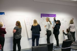 group drawing at wall during training course